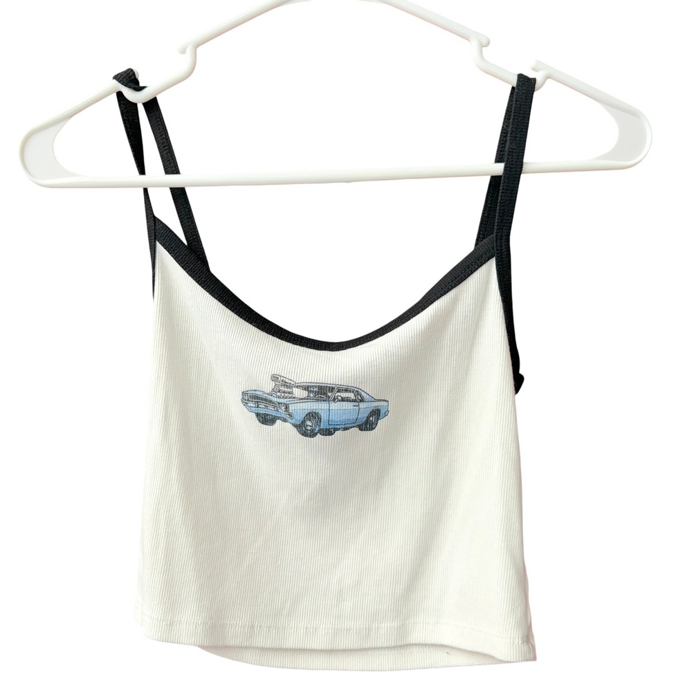 Aeropostale Tank Top Womens Small White Blue Muscle Car Ribbed Cropped 9148